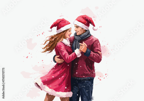 Christmas couple holding hands, Santa hats, romantic winter moment, festive red outfits, joyful holiday illustration, snowy background, love celebration art
