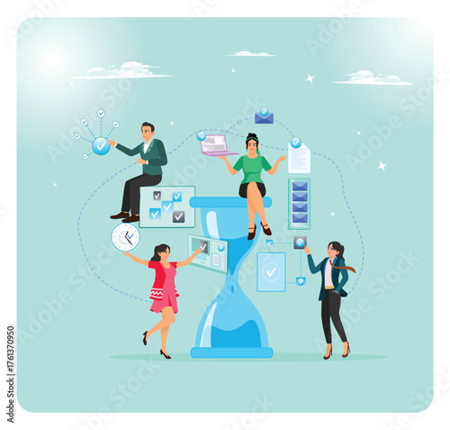 Self management, people coordinating tasks around a large hourglass for business plan.
