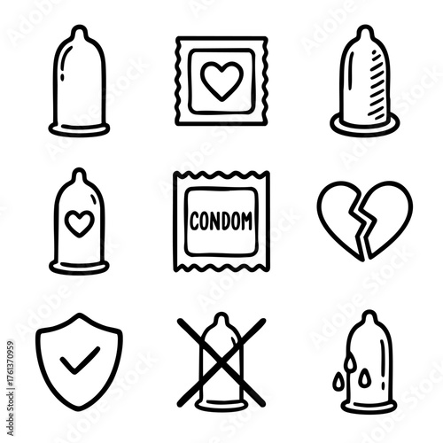 A set of doodle line icons representing condoms, protection, safe sex, love, prevention, and sexual health awareness