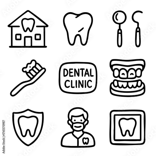 A set of doodle line icons about dental care, tooth protection, oral hygiene, dentist clinic, and dental health tools