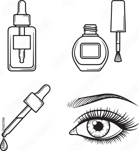 Cosmetic products including eye dropper and bottles on transparent background silhouette