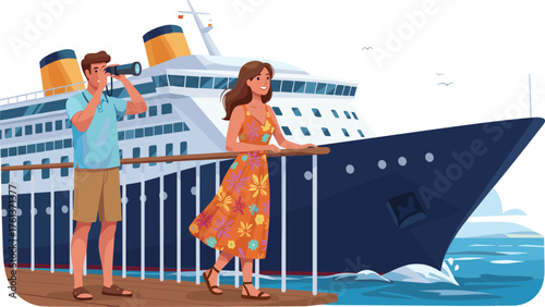 Couple on cruise ship deck, ocean view, summer travel, binoculars, floral dress, exploration moment, clear sky, peaceful vacation