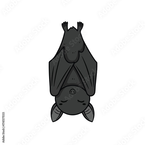 A cartoon bat hanging upside down from a branch with a calm expression on a white background