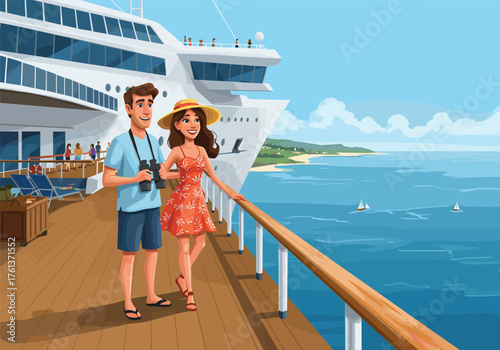 Couple on cruise ship deck, ocean view, summer vacation, binoculars, floral dress, coastline, sailboats, sunny day, travel adventure