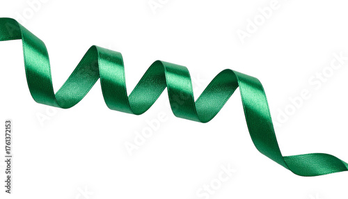 Elegant emerald green satin ribbon elegantly curves creating dynamic motion and visual interest for design.