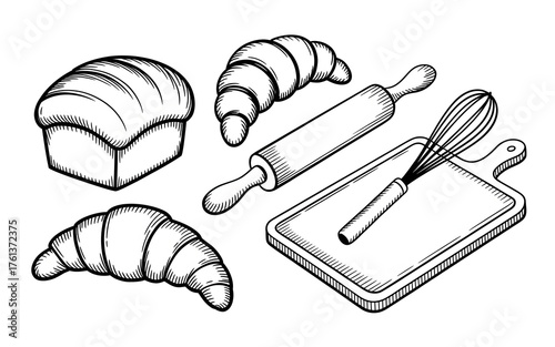 Bakery and Pastry Collection Hand Drawn Bread Croissant Rolling Pin Whisk Cutting Board Kitchen Utensils Black White Vector Art