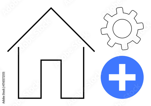 Simple house outline, cogwheel for settings, and blue plus sign for addition or growth. Ideal for home management, repair, system settings, improvement, growth, solutions simple flat metaphor