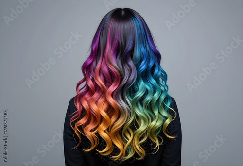 Vibrant rainbow ombre hairstyle with colorful curls and glossy texture on black background, beauty hair fashion concept