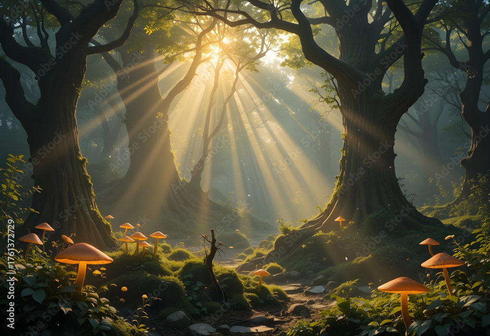 Obraz premium Enchanted forest with sunlight beams through trees, magical fantasy woodland nature background
