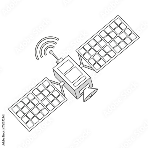 Vector illustration of outline drawing of a satellite with solar panels and antenna