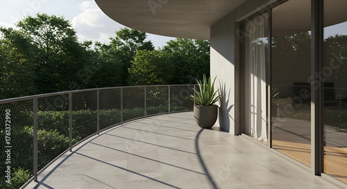 Sunlit balcony with a potted plant showcases the blend of nature and modern architecture design.