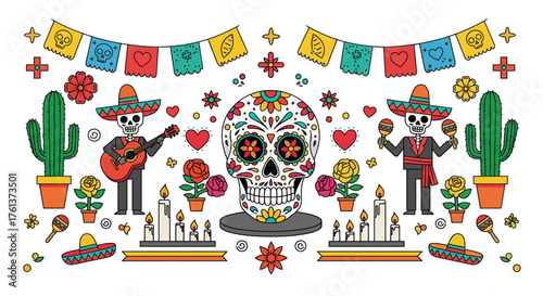 Vibrant dia de muertos celebration skull with skeletons mariachi band cacti festive papel picado decorations and candles vector