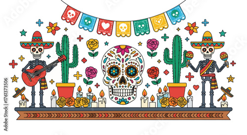 Colorful dia de los muertos celebration with sugar skulls mariachi skeletons and papel picado flag decorations vector