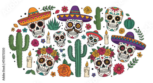 Vibrant dia de los muertos skull collection with cacti flowers and festive decorations for celebratory mexican holiday events vector