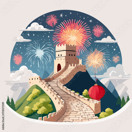 Great Wall of China with Fireworks and Lanterns — Festive Lunar New Year Night Vector