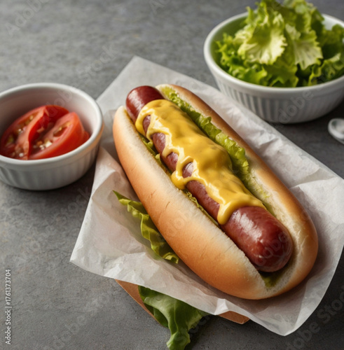 illustration of a serving of hotdogs and sausages, tomatoes, lettuce with mustard and mayonnaise sauce