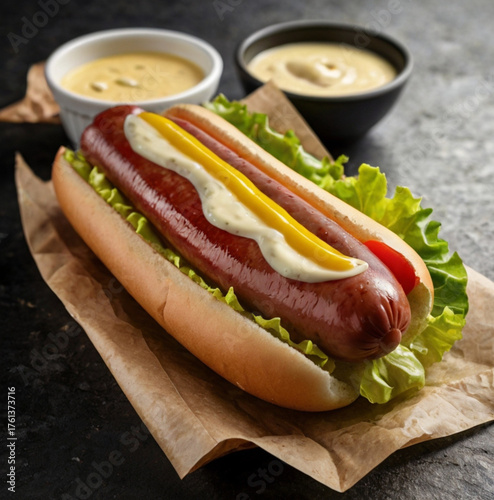 illustration of a serving of hotdogs and sausages, tomatoes, lettuce with mustard and mayonnaise sauce