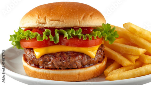 hamburger with sliced ​​tomato, meat, cheese and lettuce. Served with mustard sauce and French fries.
