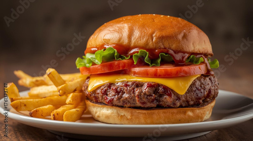 hamburger with sliced ​​tomato, meat, cheese and lettuce. Served with mustard sauce and French fries.