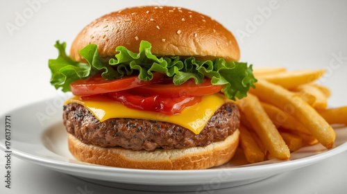 hamburger with sliced ​​tomato, meat, cheese and lettuce. Served with mustard sauce and French fries.