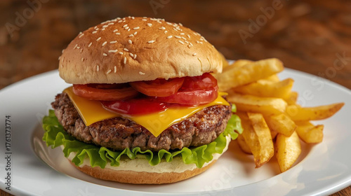hamburger with sliced ​​tomato, meat, cheese and lettuce. Served with mustard sauce and French fries.
