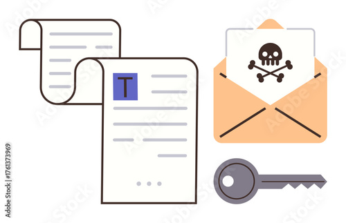 Document and key adjacent to an opened email with danger icon, representing cybersecurity. Ideal for data protection, email breaches, phishing, piracy, online privacy, hacking prevention, simple flat