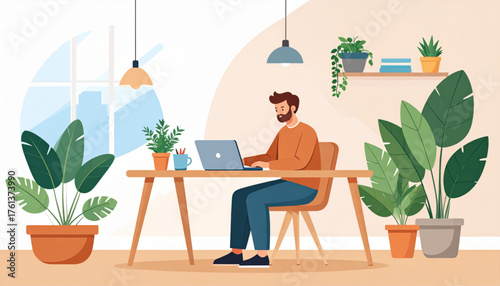 Young Man Working from Home Office with Plants, Flat Vector Illustration
