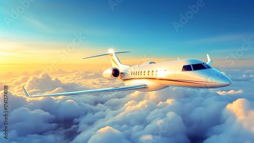 White private jet airplane flying moving forward above the clouds and sunset background. Corner front view angle. Modern private jet airplane.