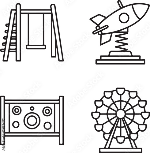 Playground elements with swing set rocket game and ferris wheel silhouette on transparent background