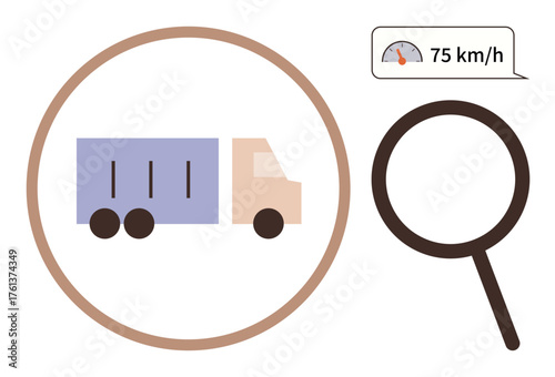 Truck with a magnifying glass and speed indicator reading 75 kmh. Ideal for logistics, transportation, trucking, safety monitoring, fleet management, analytics, and data tracking. Simple flat