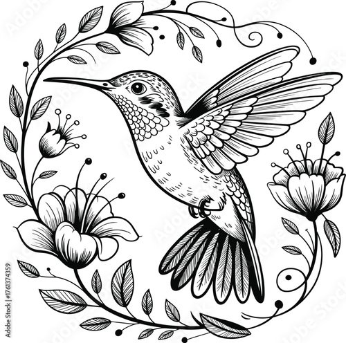 Elegant hummingbird line art illustration with floral frame, detailed black and white drawing perfect for tattoo design or decoration