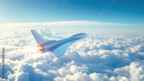 White supersonic jet airplane flying moving forward above the clouds in a blue sky background. Corner back view high angle. Super high speed jet airplane.