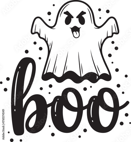Cartoon ghost with boo text and dots on transparent background silhouette