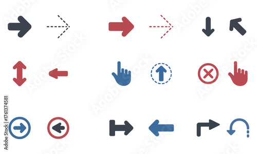 Set of colorful direction arrows and hand icons for navigation and interface design
