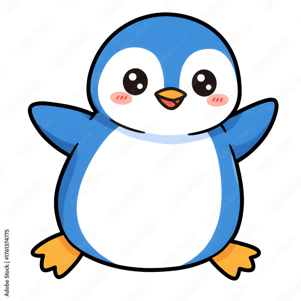 Fototapeta premium Cute baby cartoon penguin in a winter arctic snow scene with ice cream and blocks of ice