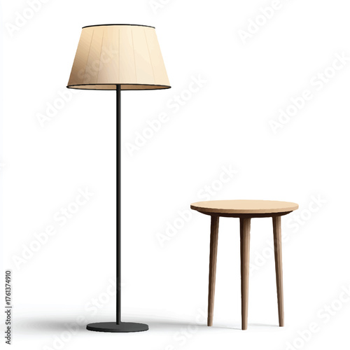 Elegant Floor Lamp and Wooden Side Table on White Background.