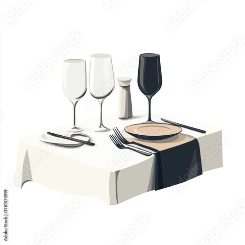 Elegant formal dining table setting with wine glasses and cutlery.