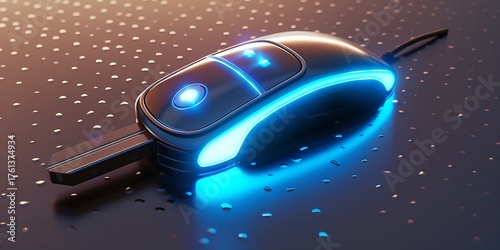 Futuristic car key with glowing blue accents on a textured technological background