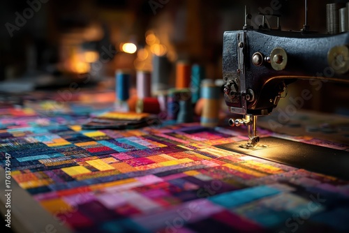 Vintage sewing machine stitching colorful patchwork fabric, spools blurred. Use for textile crafts, fashion design, or nostalgic themes.