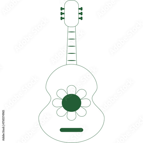 Green Outline Guitar Shape With Dark Green Flower Design In The Center Isolated On Transparent Background
