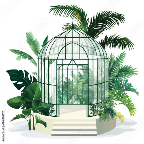 Elegant Glass Greenhouse Surrounded by Lush Tropical Plants