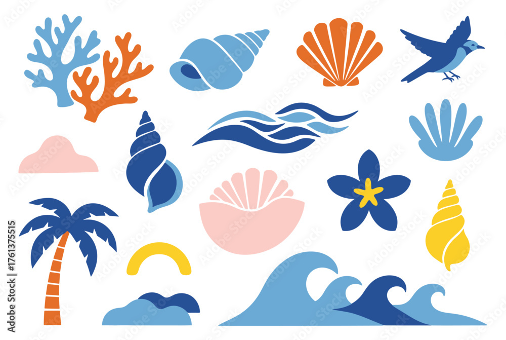 Fototapeta premium Abstract collection of summer ocean icons with seashell, coral, wave, bird, flower, and palm tree