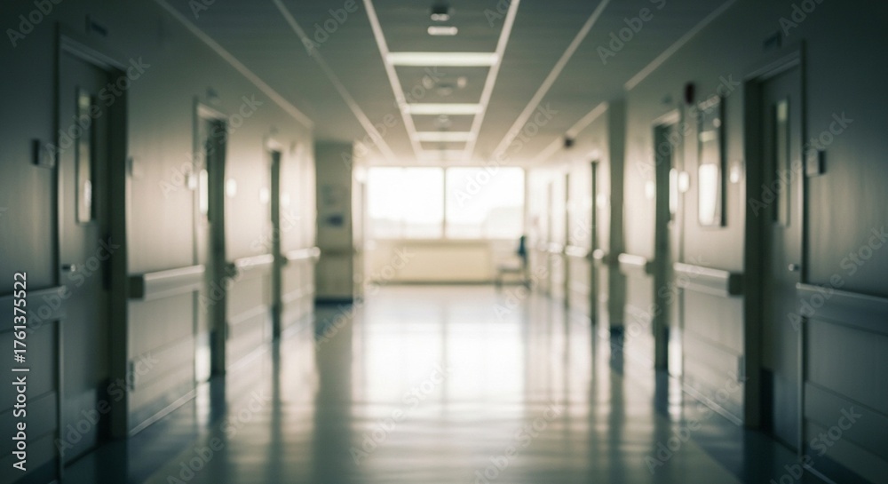Naklejka premium Soft Focus Hospital Interior Long Hallway Perspective with Clinic Doors