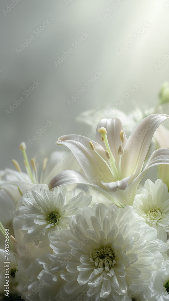 Obraz premium 上品なフラワーアレンジメント - 追悼、癒やし、メモリアル素材（白～グレー系）