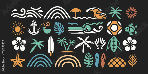 Collection of tropical summer beach icons and symbols on a black background