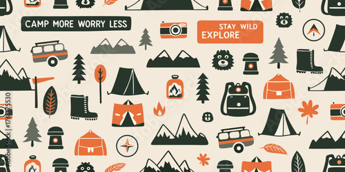 Whimsical camping and exploration pattern with mountains tents backpacks and buses