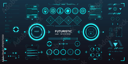 Futuristic user interface with neon blue digital displays and data visualization elements