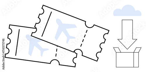 Two airplane tickets with aircraft icons near a download arrow and cloud above an open box. Ideal for travel, ticket booking, online services, tourism, cloud data, digital storage, simple flat
