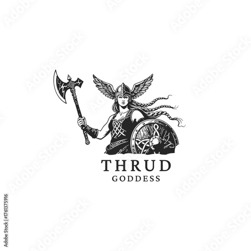 Vintage engraving of the Norse Goddess Thrud, the powerful warrior deity or Valkyrie. This bold logo features the goddess wearing a winged helmet, fiercely wielding a large axe, and carrying a shield