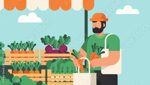Cartoon Man Buying Fresh Produce at Farmers Market